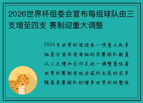 2026世界杯组委会宣布每组球队由三支增至四支 赛制迎重大调整